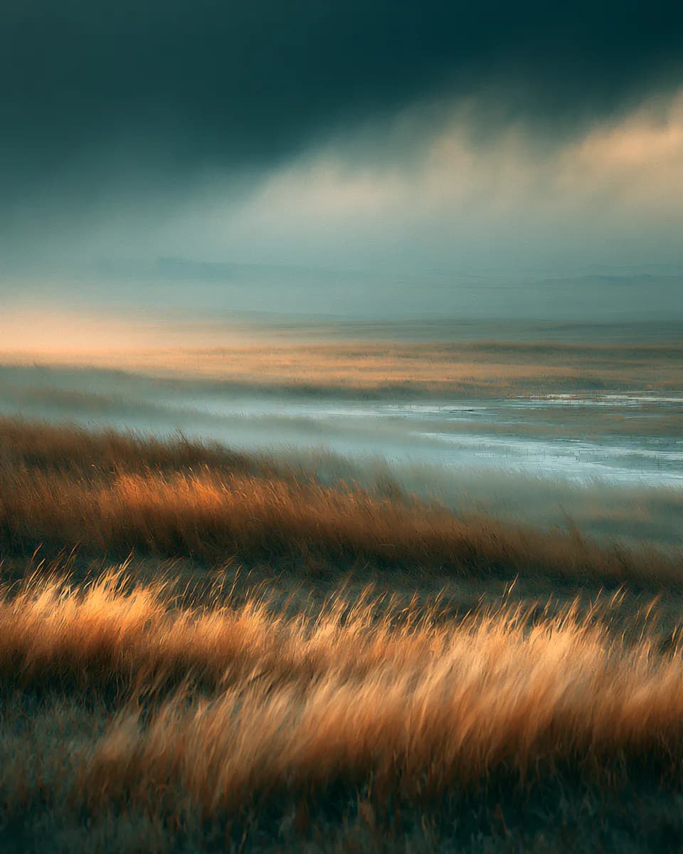 Windswept prairie at dawn